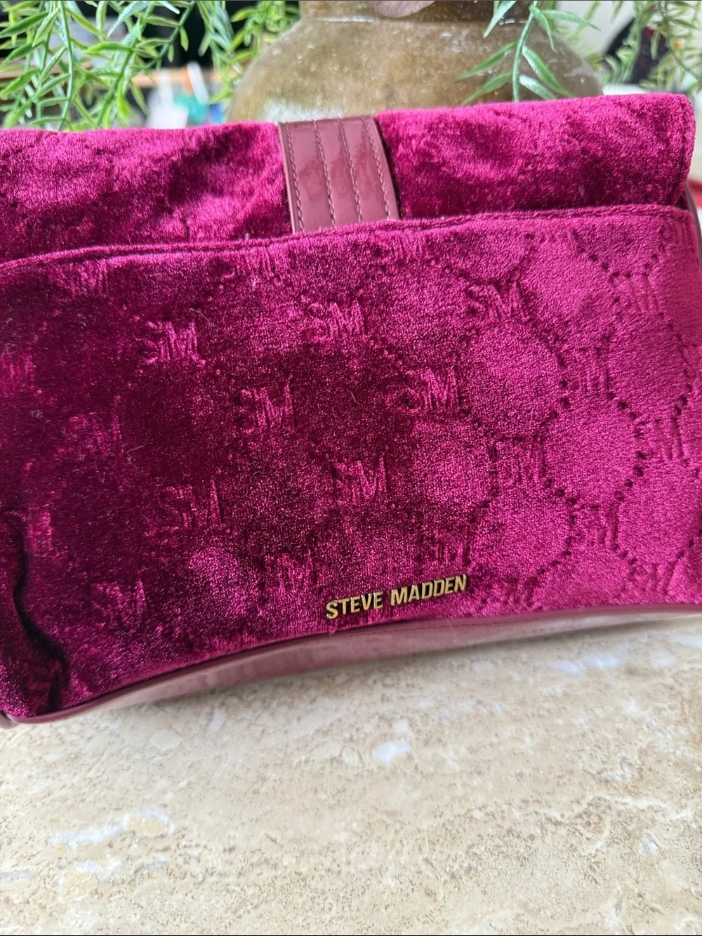 Steve Madden Burgundy Velvet Crossbody Shoulder Bag Brass Chain